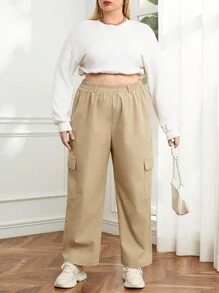 SHEIN Essnce Plus Flap Pocket Side Cargo Pants - Khaki - View 5