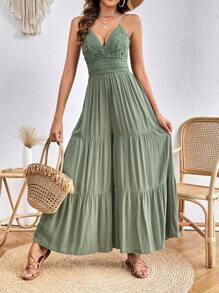 SHEIN VCAY Contrast Lace Ruffle Hem Cami Jumpsuit - Green - View 3