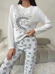 RueChic Floral And Slogan Graphic White Top & Pants PJ Set - White - View 4