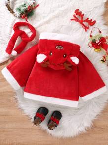 SHEIN Young Girl Antler & Pom Pom Decor 3D Ear Design Hooded Fleece Cape Coat for Christmas - Red - View 2