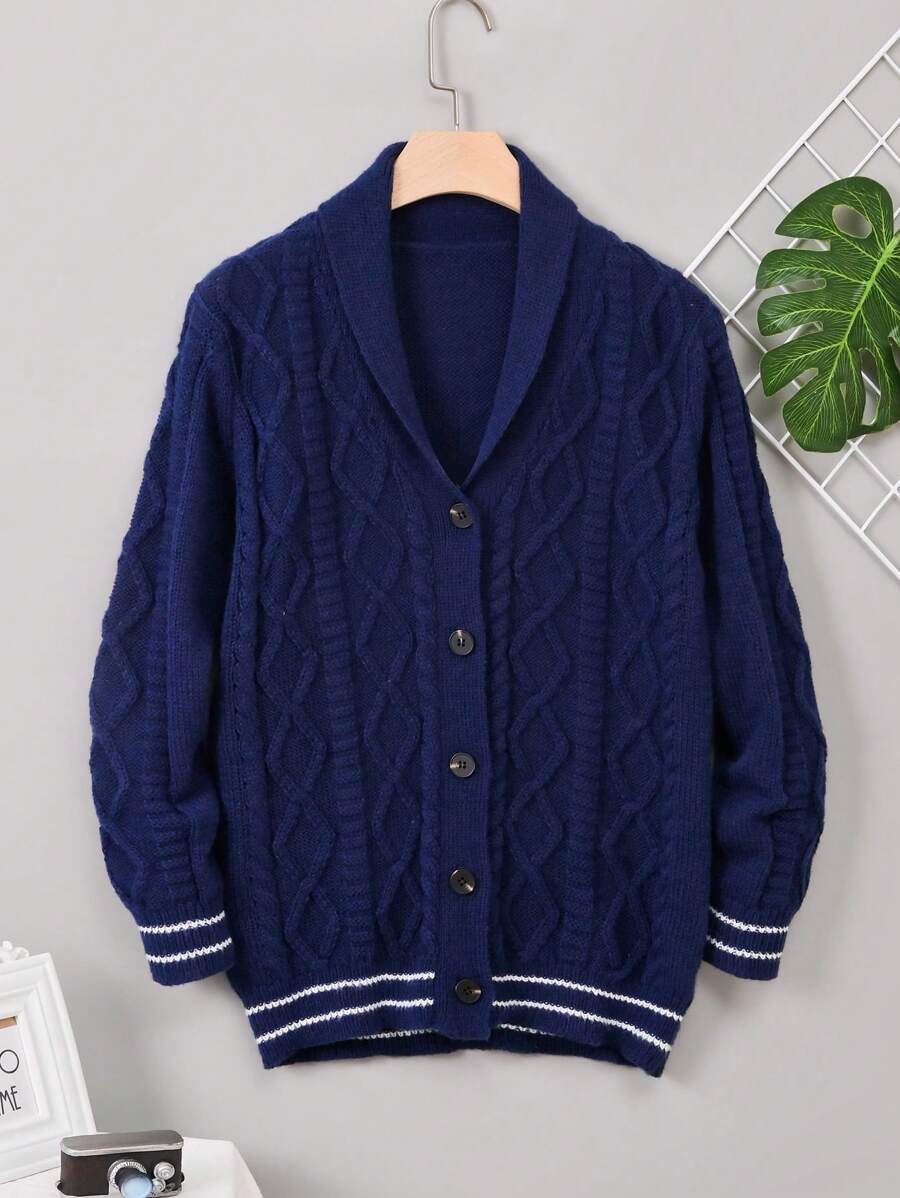 青少年男孩麻花編織條紋飾邊前紐扣開襟衫