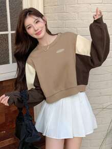 DAZY Letter Patched Colorblock Drop Shoulder Sweatshirt,Long Sleeve Tops,Fall Clothes