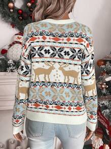 SHEIN LUNE Suéter de punto con caída de hombros, estampado de alce y patrón geométrico, para otoño e invierno - Multicolor - Ver 2