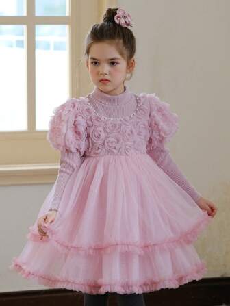 Young Girl Appliques Ruffle Trim Mesh Hem Party Dress