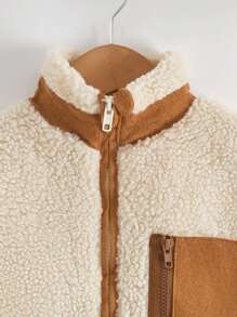 SHEIN Young Girl Contrast Panel Zip Up Teddy Jacket - Beige - View 5
