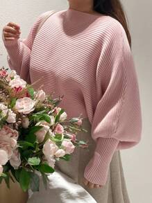 Dazy Plus Plus Size Batwing Sleeve Ribbed Knit Sweater,Fall Clothes - Pink - View 3