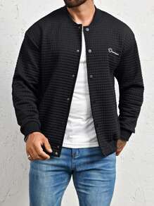 Manfinity Homme 男款字母圖案鈕扣式下肩棒球外套 - 黑色 - 查看 3