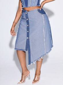 SHEIN SXY Plus Asymmetrical Raw Hem Denim Skirt Without Tube Top - Light Wash - View 5