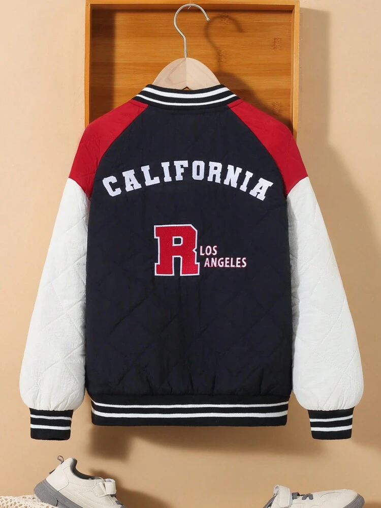 Tween Boy 1pc Embroidery Letter Pattern Colorblock Striped Trim Quilted Coat for Christmas