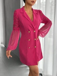 SHEIN Privé 蕾絲拼接燈籠袖雙排釦西裝洋裝 - 玫紅色 - 查看 4