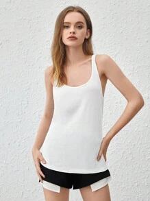 天然舒適柔軟的純棉白色圓領坦克睡衣上衣 - 白色 - 查看 4