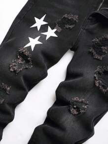 男大童星星印花破洞牛仔褲 - 黑色 - 查看 5