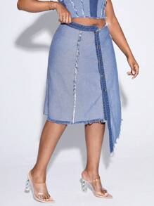 SHEIN SXY Plus Asymmetrical Raw Hem Denim Skirt Without Tube Top - Light Wash - View 3