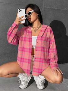 SHEIN EZwear Áo sơ mi trùm đầu in họa tiết kẻ caro thả vai, áo dài tay - Hồng - Xem 3