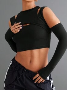 SHEIN LUNE Solid Cut Out Crop Tee - Black - View 1