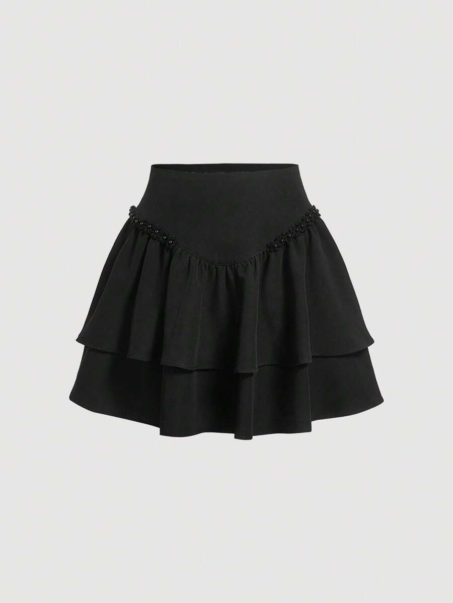 SHEIN MOD 二層下擺素色半身裙 - 黑色 - 查看 1