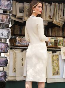 SHEIN Frenchy 拼接邊翻領毛衣洋裝 - 杏色 - 查看 2