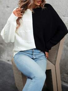 SHEIN LUNE 雙色蝙蝠袖套頭毛衣 - 黑與白 - 查看 5