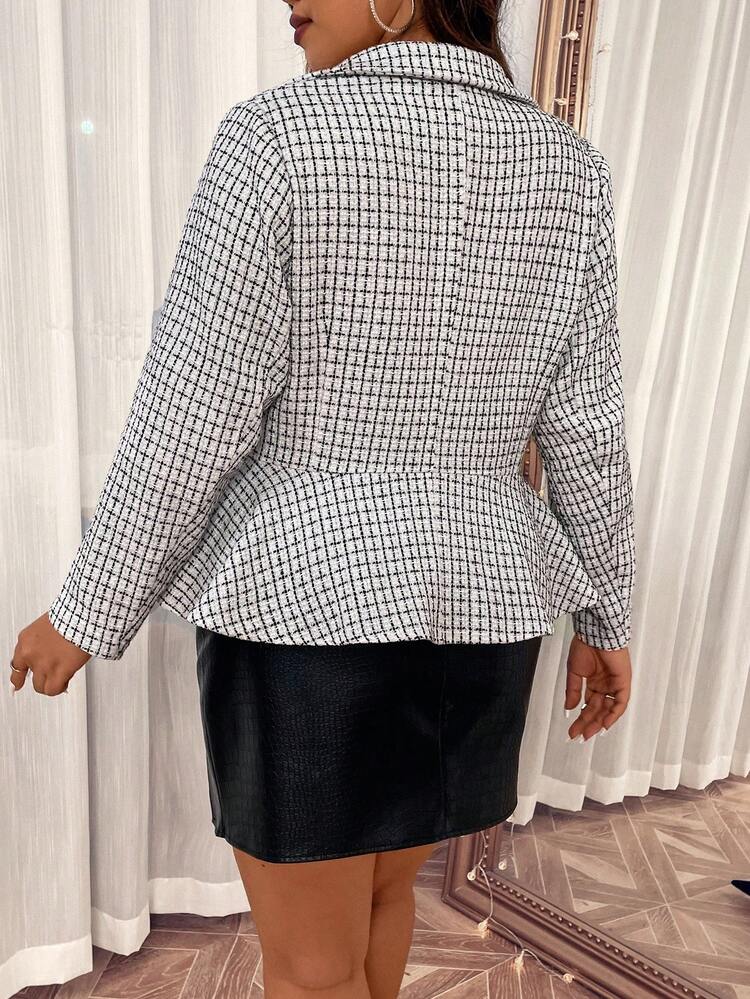 Plus Plaid Print Ruffle Hem Button Front Jacket Fall Cloth For Women