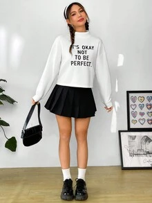 SHEIN Qutie 標語圖案小高領落肩袖運動衫 - 白色 - 查看 4