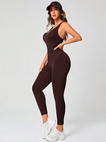 Slayform Crisscross Backless Solid Sports Jumpsuit - Coffee Brown - View 6