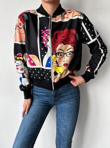 RueChic Figure Graphic Zip Up Bomber Jacket - Multicolor - View 4