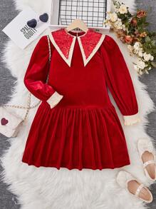 SHEIN Tween Girl Contrast Sequin Statement Collar Flounce Sleeve Ruffle Hem Velvet Dress - Burgundy - View 1