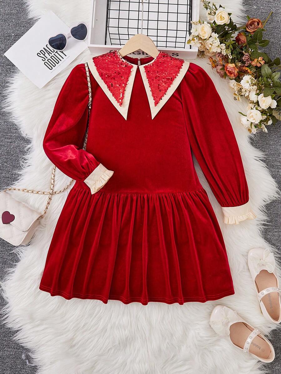 SHEIN Tween Girl Contrast Sequin Statement Collar Flounce Sleeve Ruffle Hem Velvet Dress - Burgundy - View 1