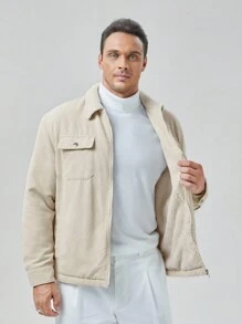 Manfinity VCAY Loose Fit Men's Plus Size Flap Pocket Zipper Jacket, For Fall Winter - Khaki - View 3