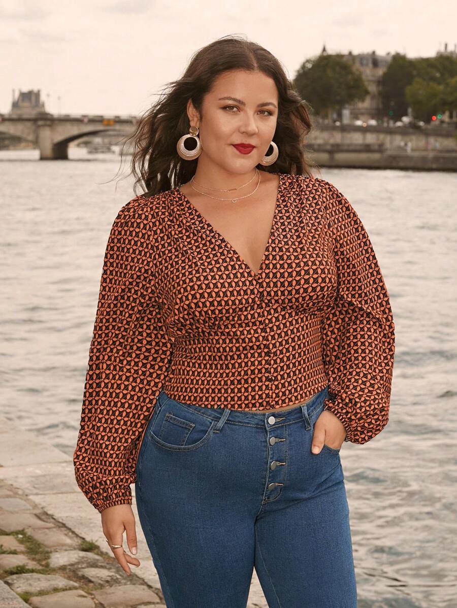 SHEIN Frenchy Plus Allover Print Lantern Sleeve Blouse - Brown - View 1