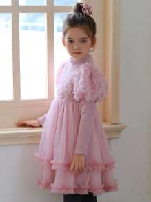 Young Girl Appliques Ruffle Trim Mesh Hem Party Dress - Pink - View 6