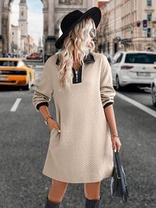 SHEIN LUNE Contrast Trim Quarter Zip Drop Shoulder Tee Dress - Apricot - View 5