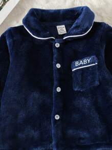 SHEIN Baby Boy Letter Embroidery Contrast Piping Flannel PJ Set