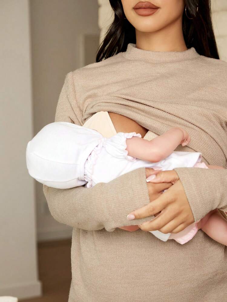 SHEIN 孕婦小高領哺乳洋裝 - 駝色 - 查看 5