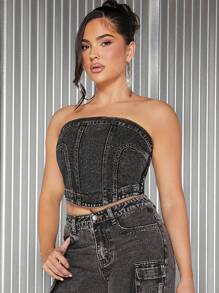 Denimoi Seam Detail Denim Tube Crop Top - Black - View 5