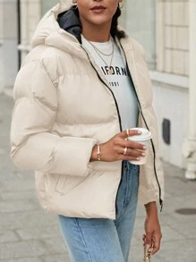 EURMUSE Zip Up Hooded Puffer Coat - Beige - View 1