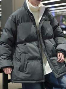 Men Drop Shoulder Zipper Padded Coat - Grey - View 3