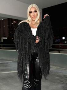 SHEIN SXY 大码流苏边休闲设计开衫 - 黑色 - 查看 1