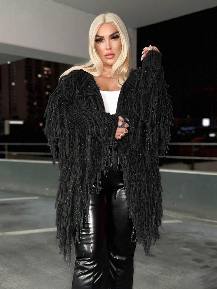 SHEIN SXY 大码流苏边休闲设计开衫 - 黑色 - 查看 1