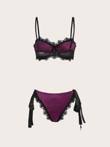 ROMWE Goth Set de lencería con encaje en contraste de terciopelo - Morado - Ver 2