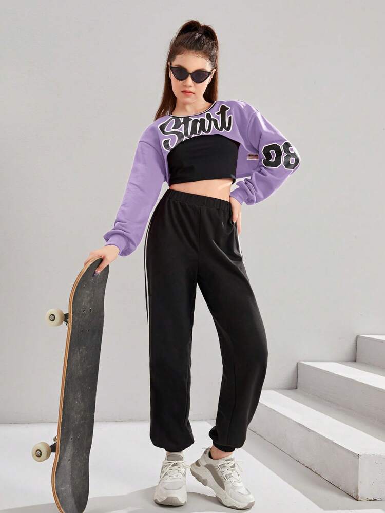 Teen Girl Letter Graphic Super Crop Pullover & Sweatpants & Tank Top