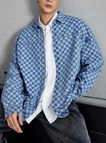 Manfinity Hypemode Oversized Men's Checker Print Drop Shoulder Denim Shirt - Light Wash - View 4
