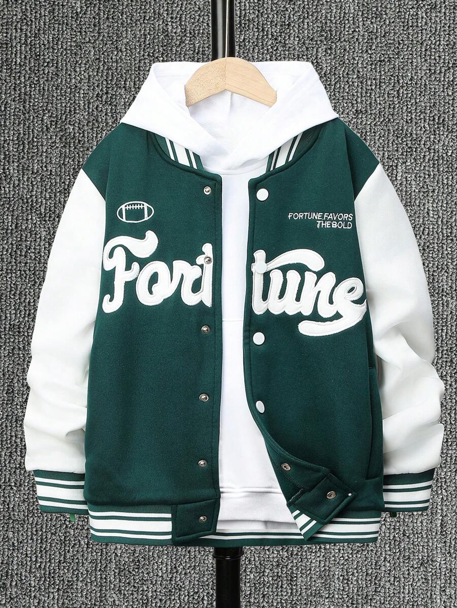 SHEIN Thiếu niên con trai Thêu Mẫu chữ Hai âm Áo khoác Đại học Không có áo Hoodie - Màu xanh lá cây đậm - Xem 1
