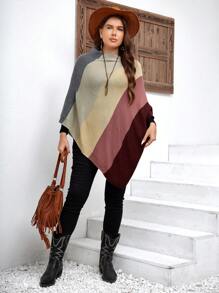 EMERY ROSE 加大色块蝙蝠袖不对称下摆斗篷毛衣，适合冬季 - 彩色 - 查看 3