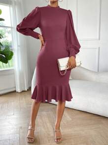 SHEIN Privé Vestido de manga farol fruncido bajo sirena - Rosa vieja - Ver 4