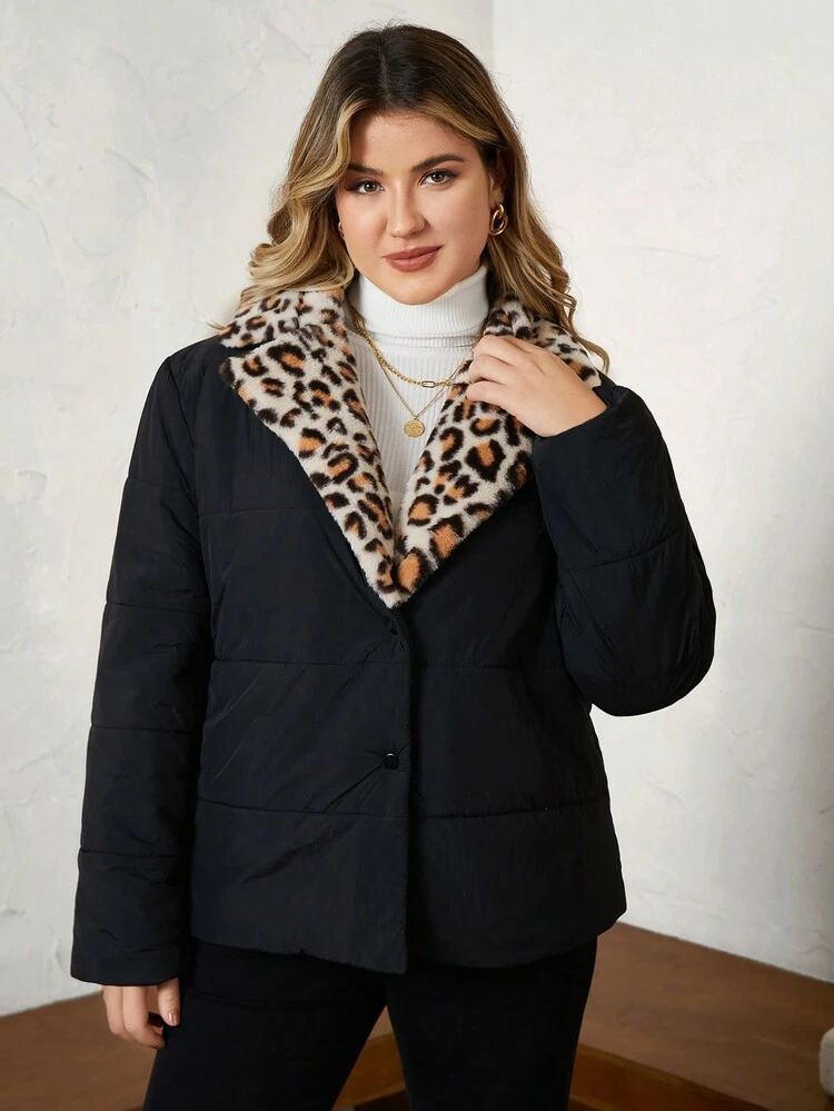 Plus Leopard Print Borg Collar Padded Coat
