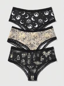 ROMWE Academia 大碼3件月亮&骷髅頭圖案蕾絲邊內褲