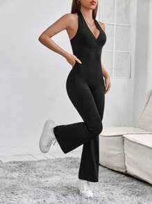 SHEIN PETITE Solid Backless Flare Leg Halter Jumpsuit - Black - View 6