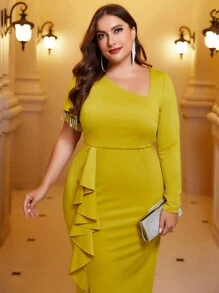 SHEIN Belle Plus Asymmetrical Neck Ruffle Trim Split Thigh Formal Dress - Yellow - View 4