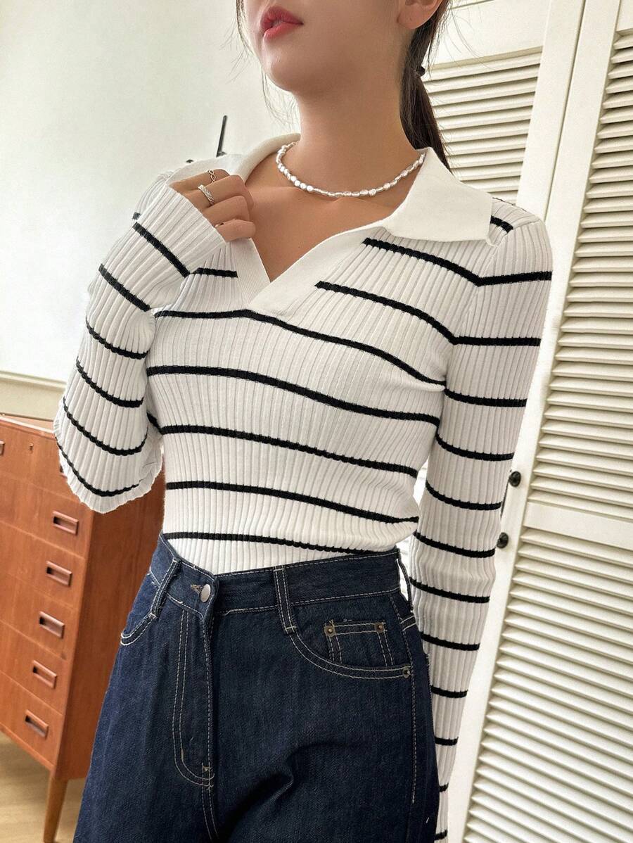 DAZY 条纹罗纹针织毛衣、长袖上衣、秋装 - 黑與白 - 查看 1